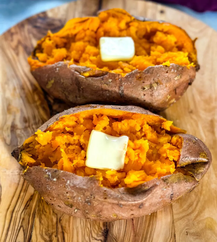 smoked sweet potatoes in butter on a flat surface