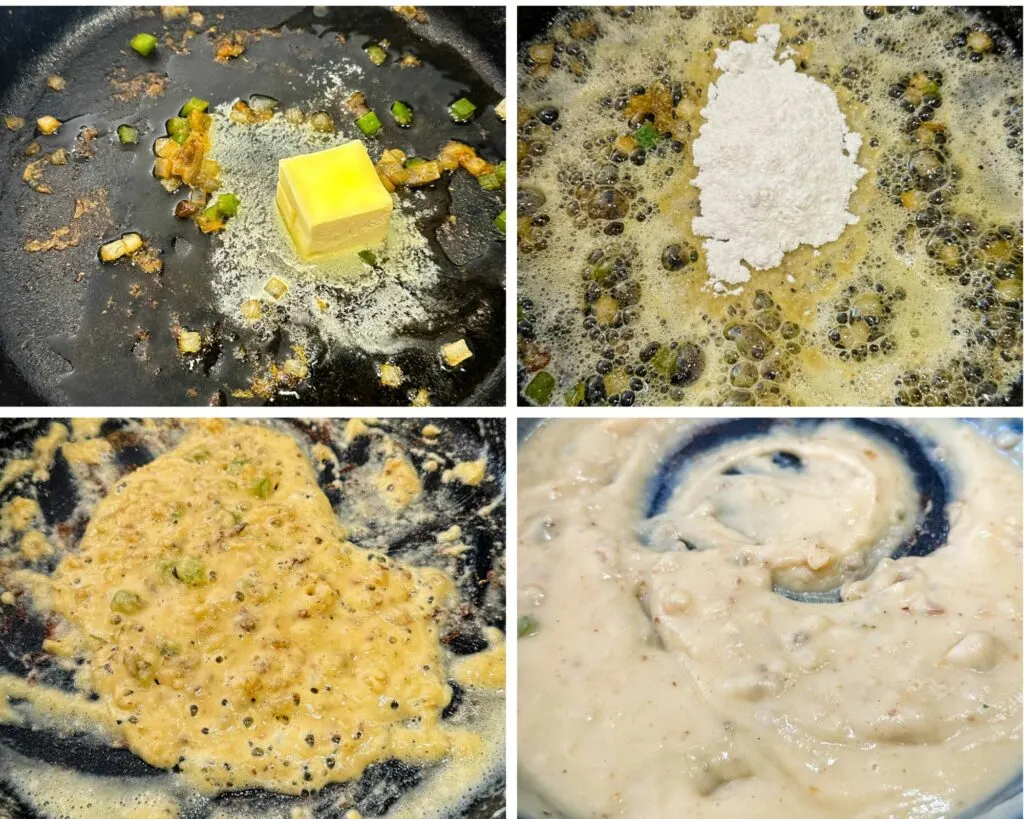 collage of 4 photos with butter and flour in skillet to make homemade gravy