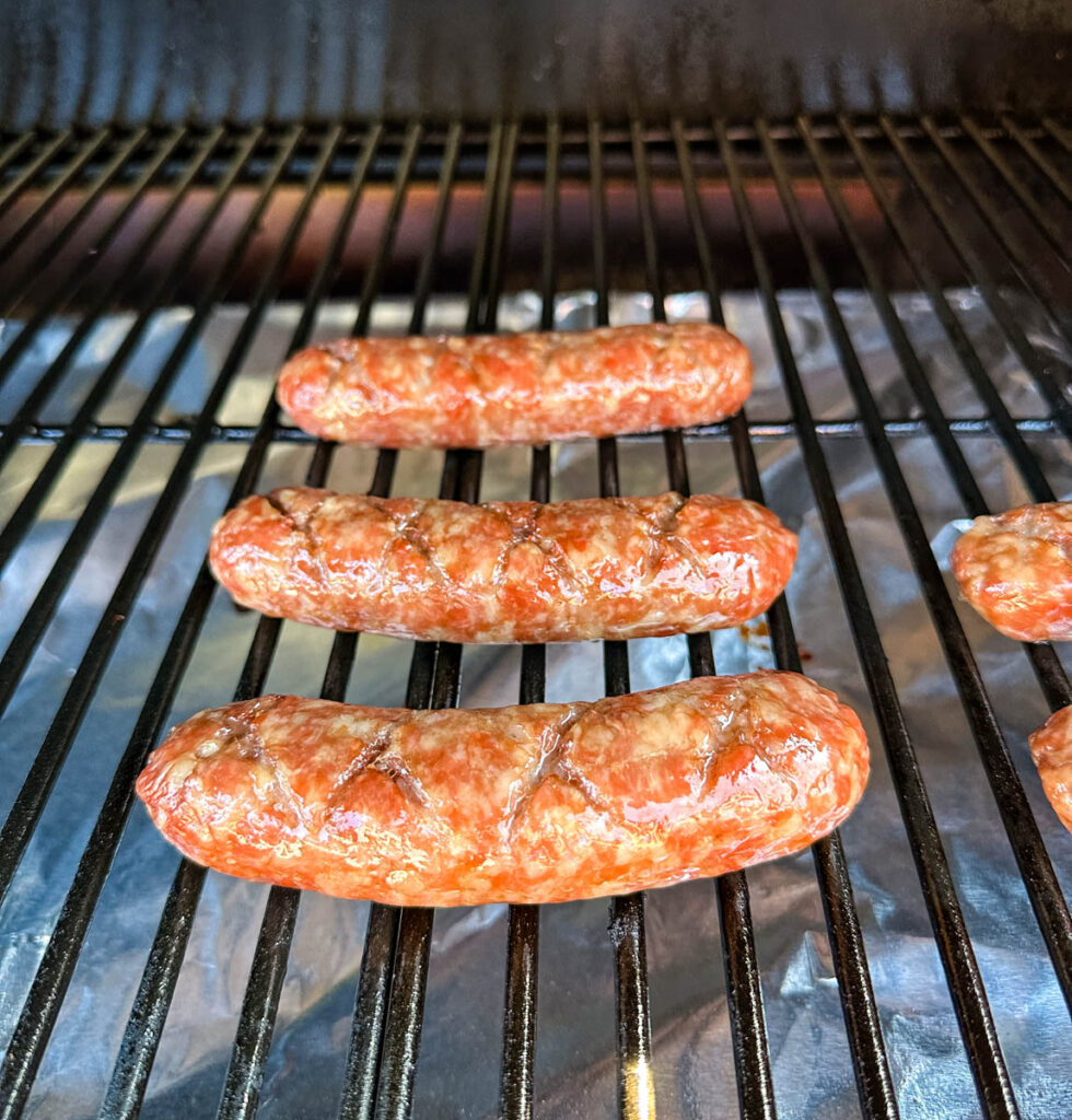 smoked brat on Traeger smoker grill