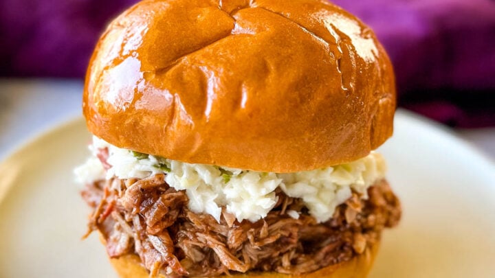 smoked pulled pork sandwich which coleslaw on a plate