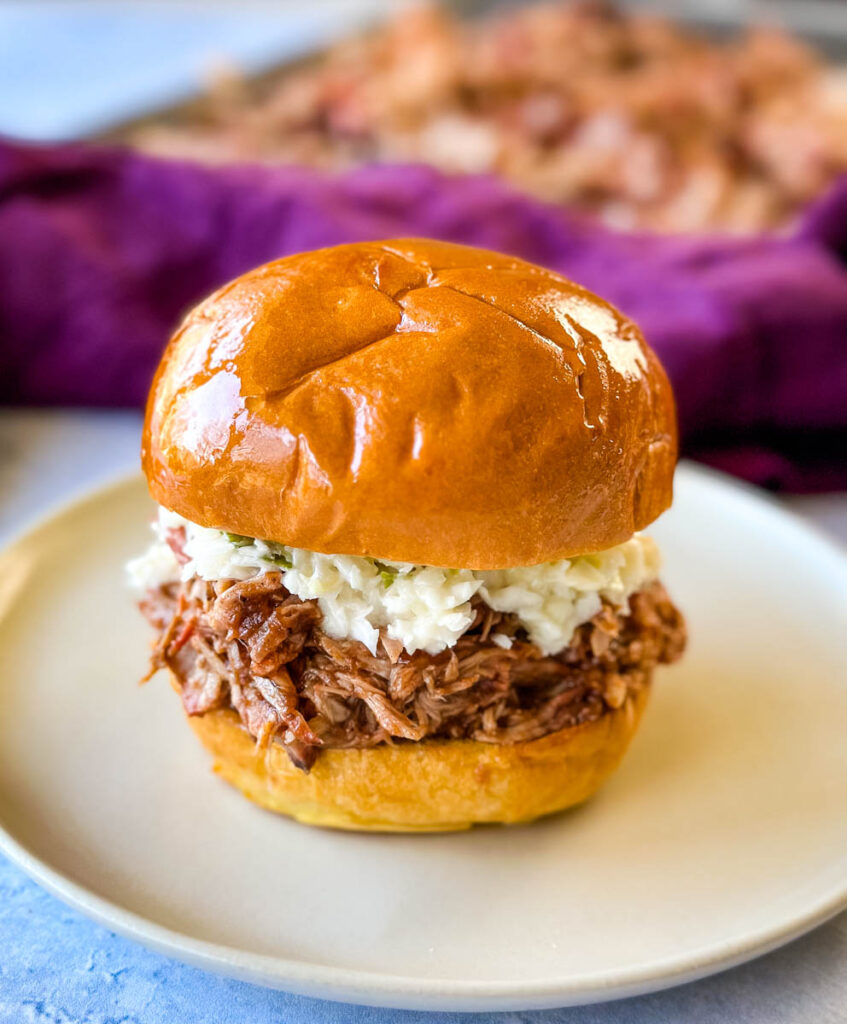 smoked pulled pork sandwich which coleslaw on a plate