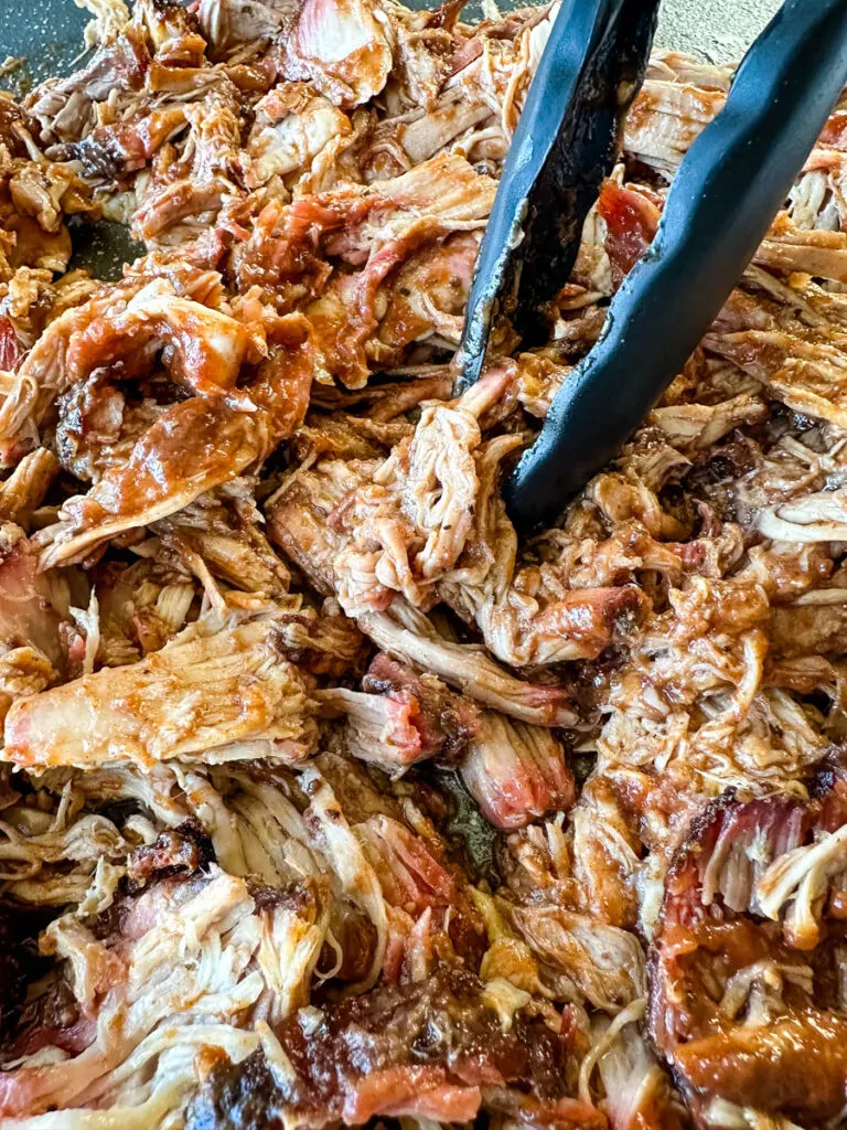 smoked pulled pork drizzled in BBQ sauce on a plate