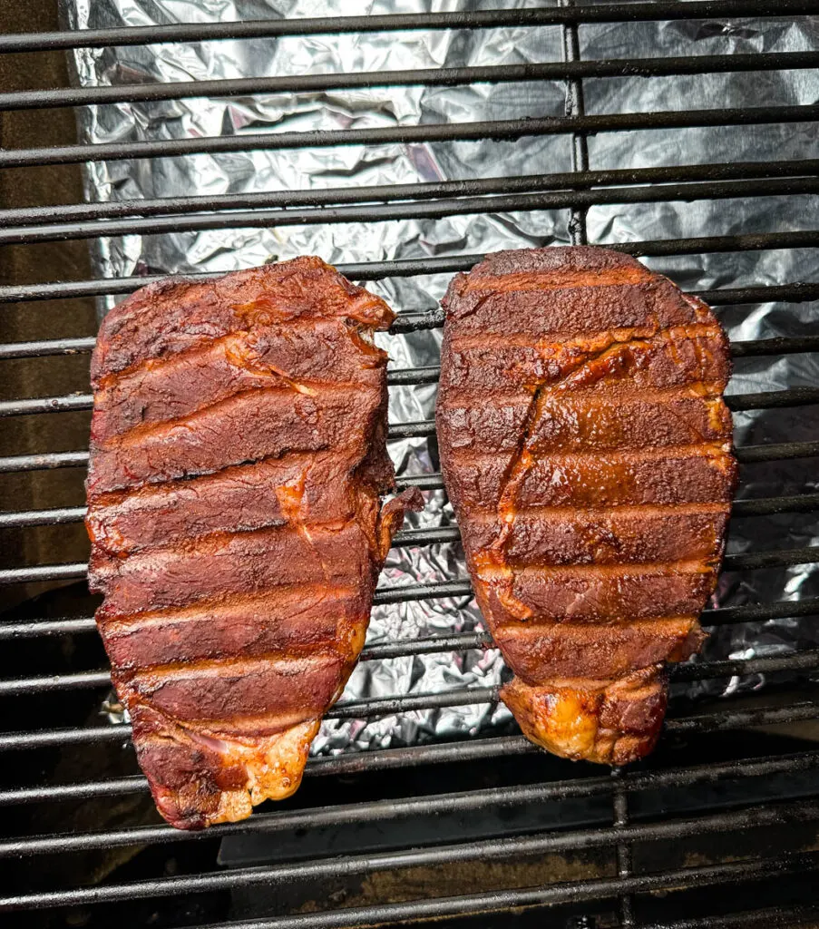 smoked ribeyes on a Traeger smoker grill