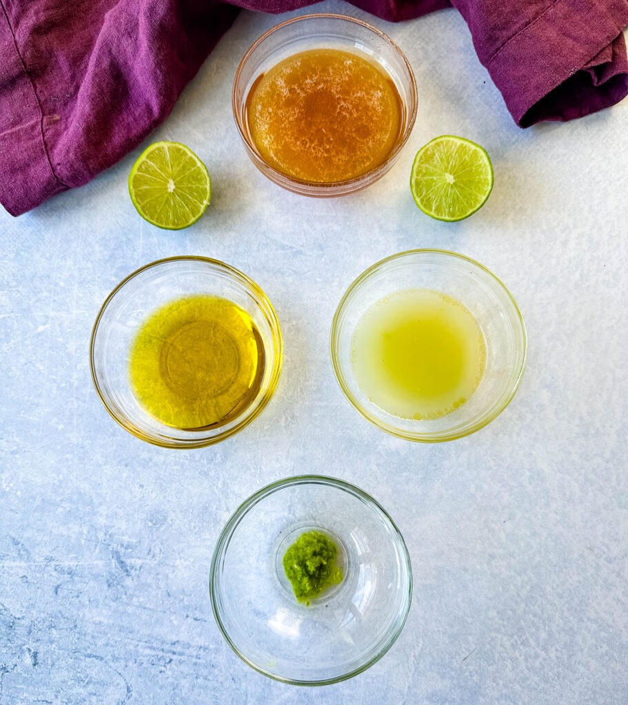 honey, olive oil, fresh lime juice, and lime zest in separate glass bowls