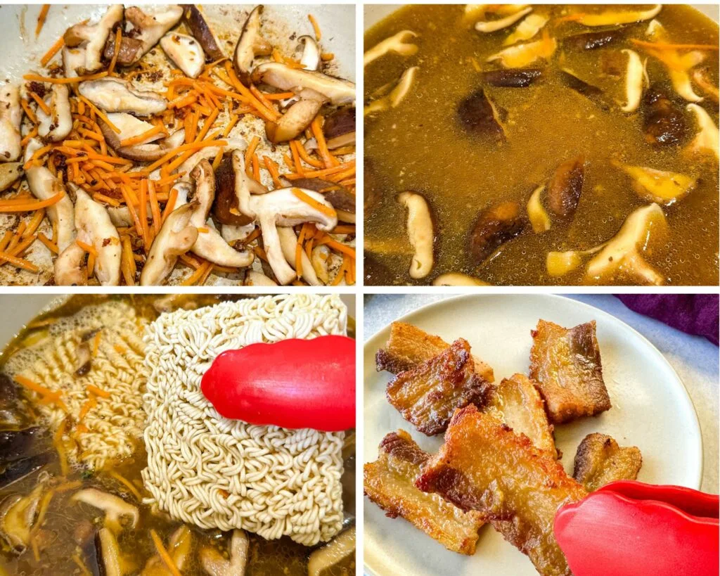 collage photo of ramen broth and noodles in a pot