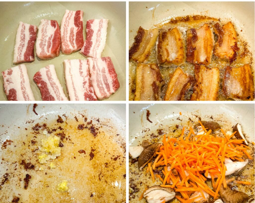 collage photo of pork belly cooked in a pot along with vegetables