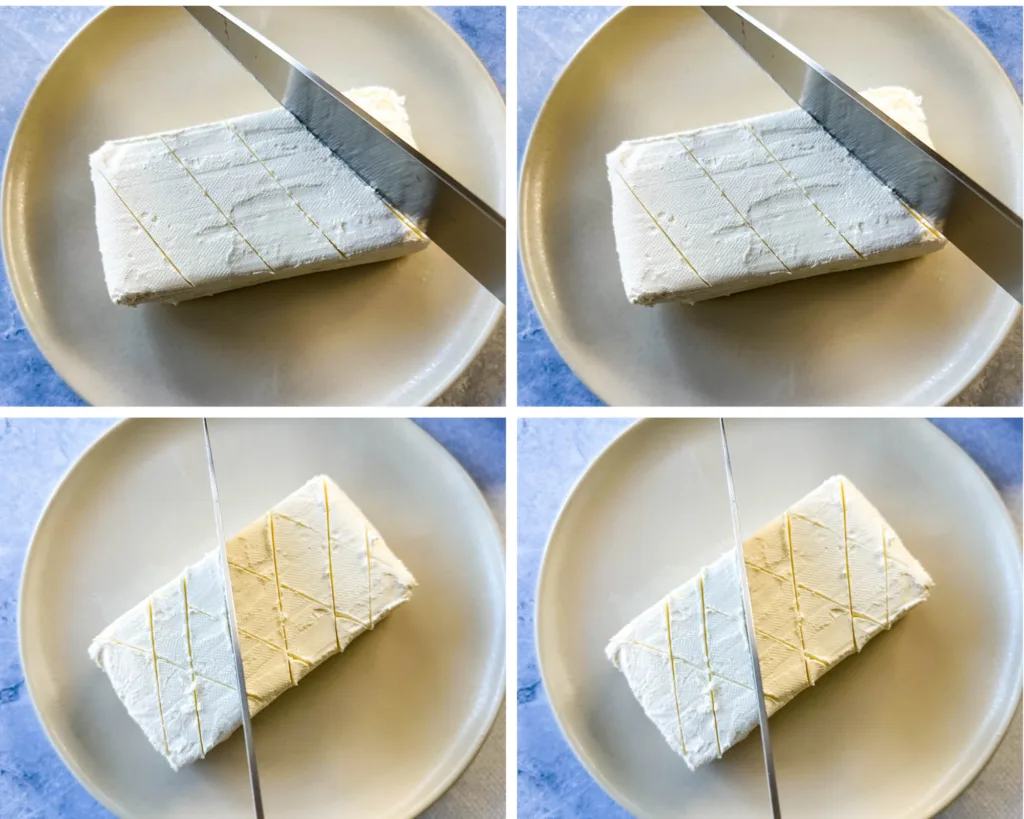 collage photo showing how to score and slice a block of cream cheese to create a diamond pattern