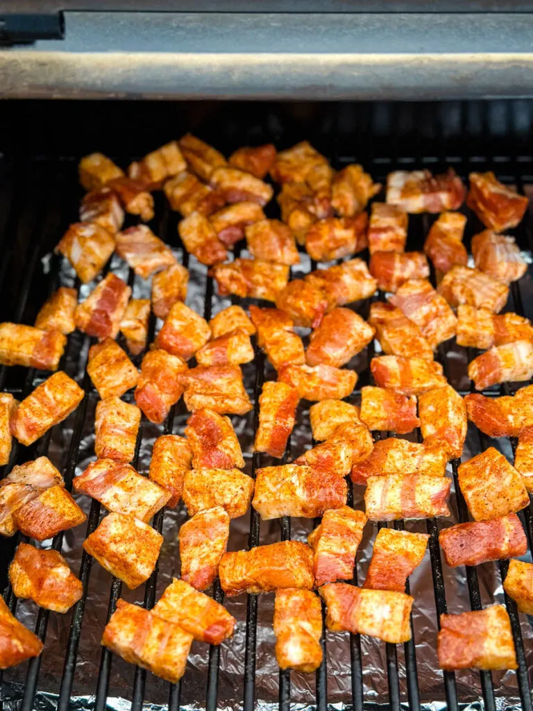 pork belly burnt ends on a Traeger smoker pellet grill