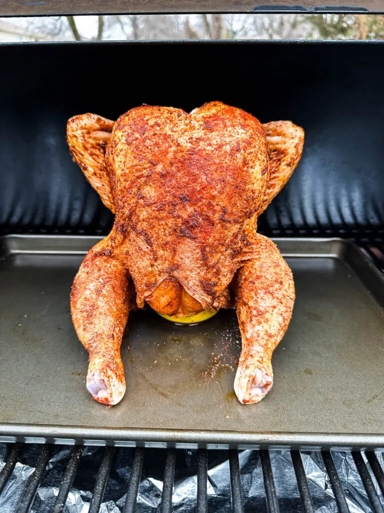 raw seasoned whole chicken on a beer can in a Traeger smoker pellet grill