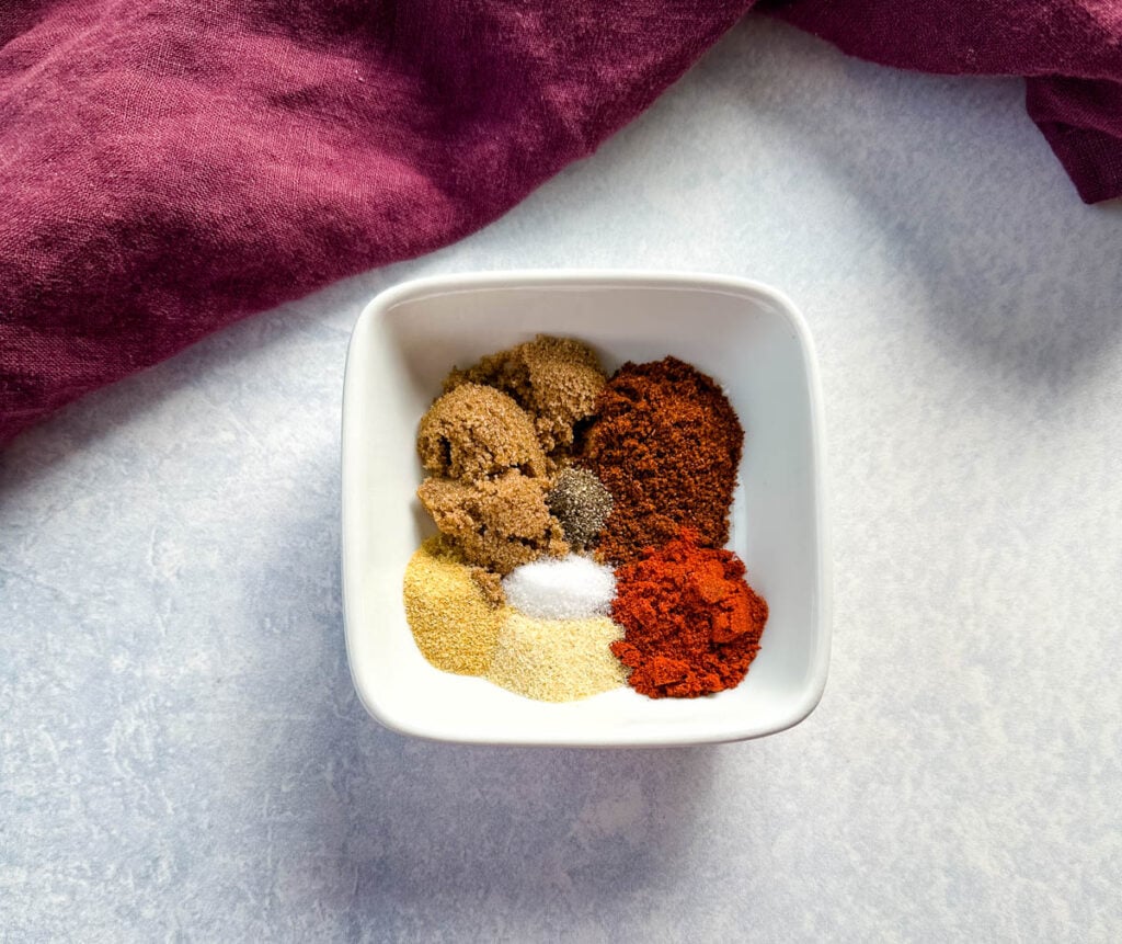 homemade dry rub for chicken spices in a white bowl