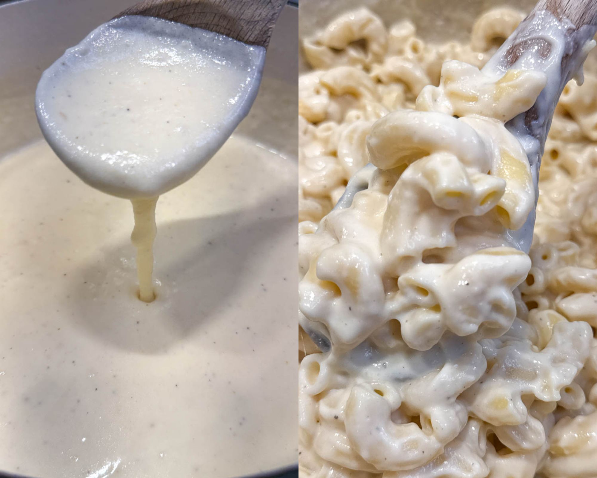 Split photo showing creamy cheese sauce on a wooden spoon dripping back into a pot, and cooked elbow macaroni coated in thick cheese sauce.