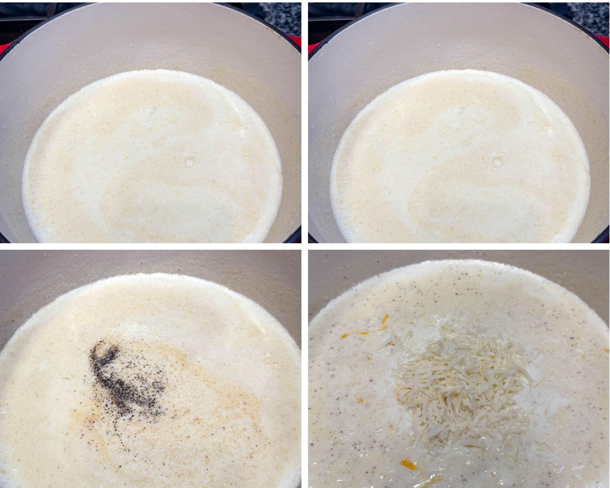 Four-step collage of a pot on the stove—first showing milk mixture, then with seasoning, then with black pepper sprinkled in, and finally shredded cheese melting into the sauce.
