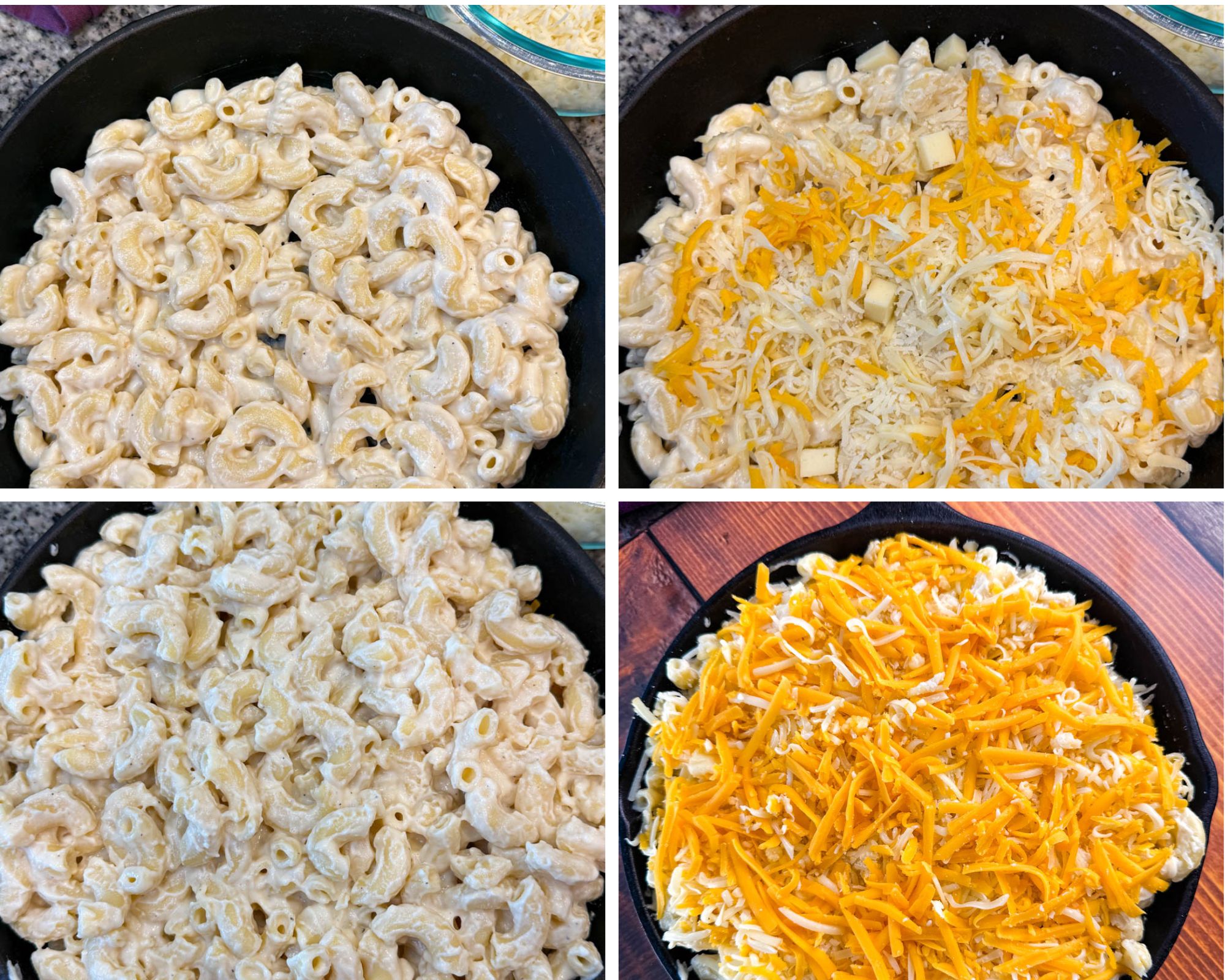 Four-step collage of a cast iron skillet with macaroni—plain macaroni first, then topped with shredded and cubed cheese, another layer of macaroni, and finally a topping of shredded cheddar.