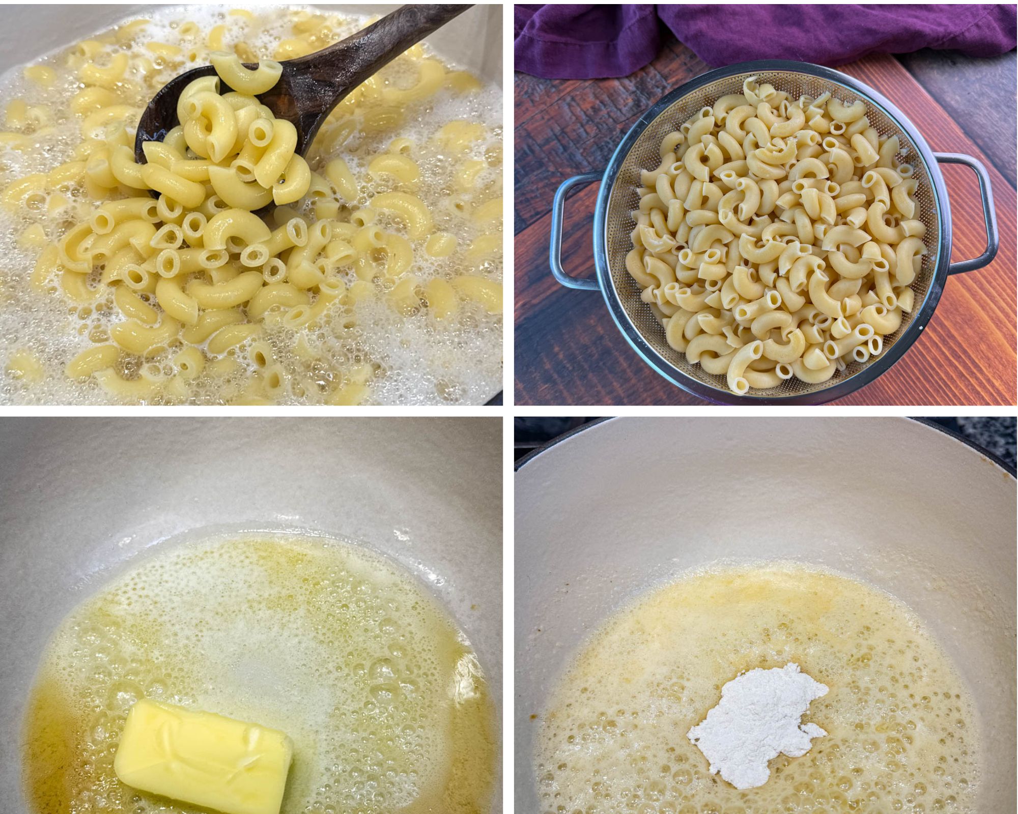 Four-step collage showing macaroni cooking process—elbow noodles boiling in water, drained in a colander, butter melting in a pot, and flour added to make a roux.