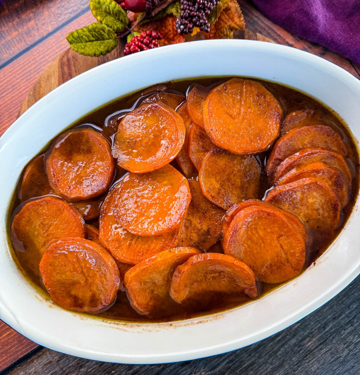 Southern soul food candied sweet potatoes in a baking dish