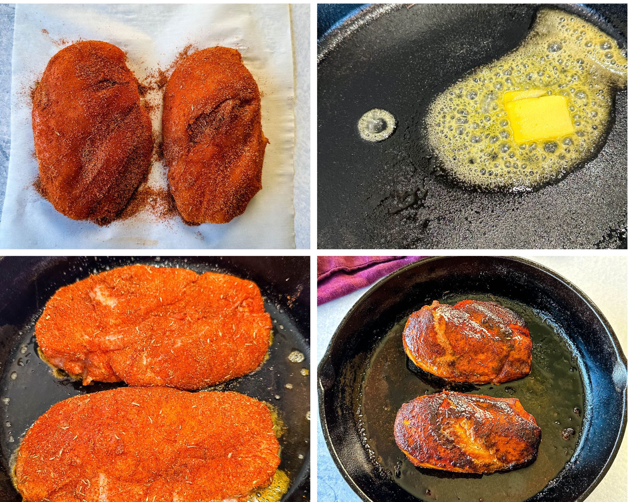 collage of 4 photos with melted butter and blackened seasoned chicken breasts in a cast iron skillet