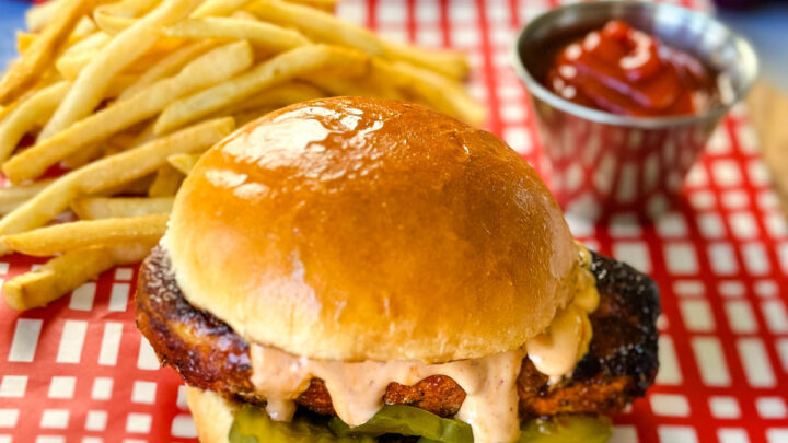 blackened chicken sandwich on a bun with spicy mayo on a plate with fries