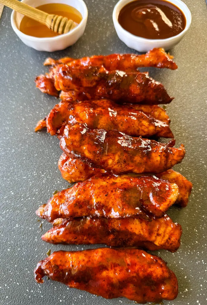 smoked chicken tenders drizzled in honey bbq sauce
