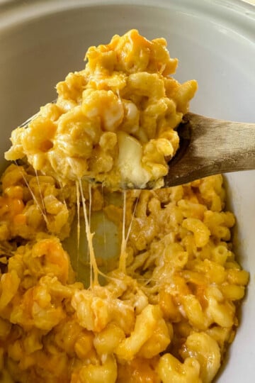 a wooden spoonful of slow cooker Crockpot mac and cheese