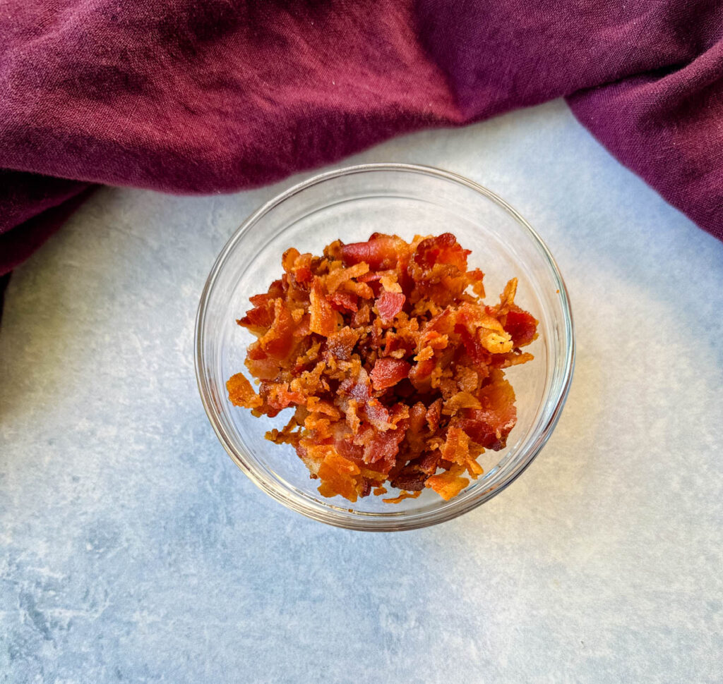 crumbled bacon in a glass bowl