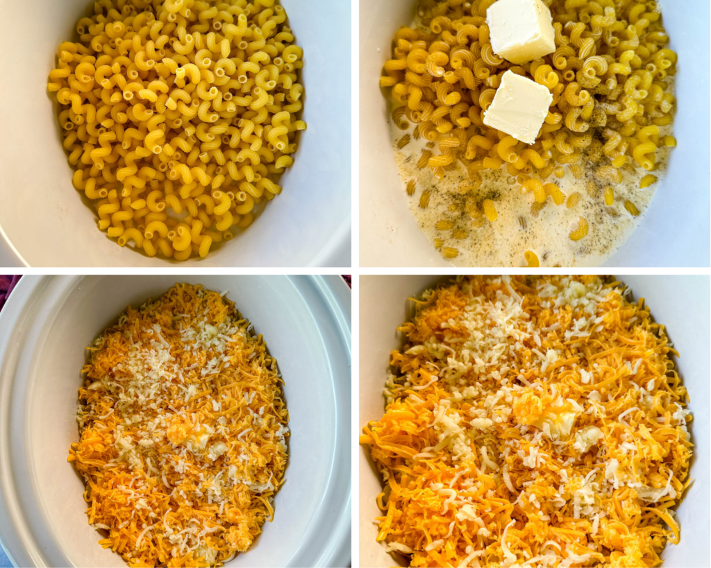 collage of 4 photos with uncooked mac and cheese in a white Crockpot slow cooker