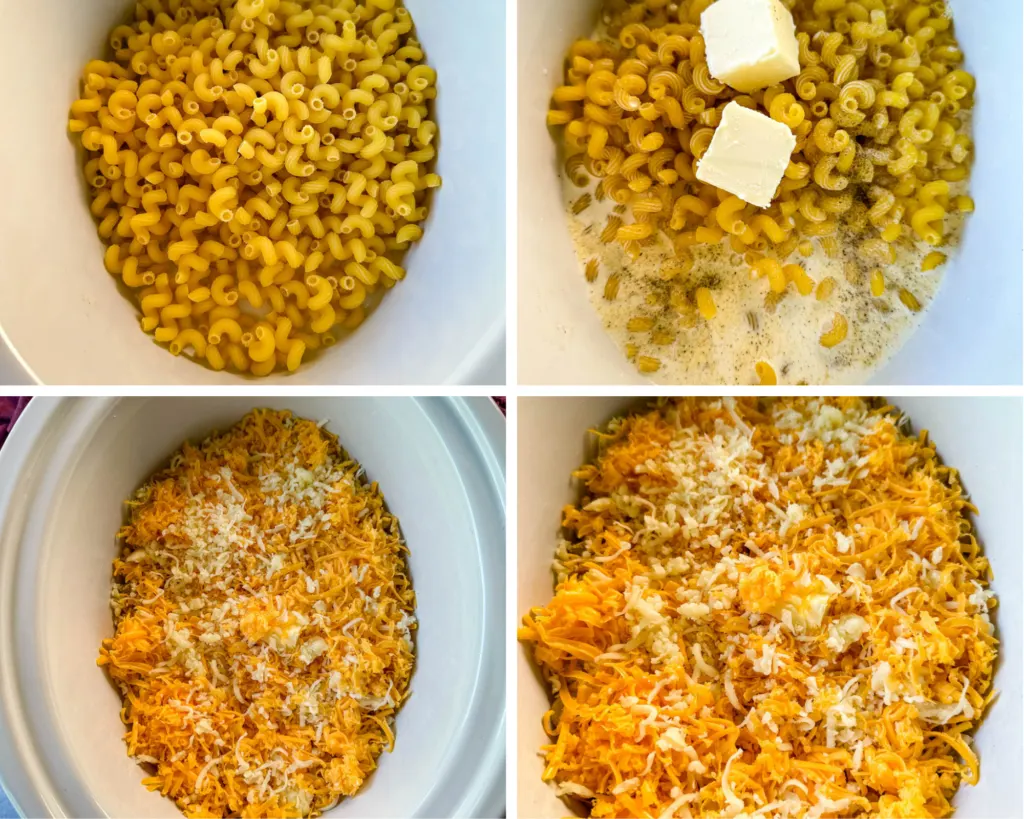 collage of 4 photos with uncooked mac and cheese in a white Crockpot slow cooker