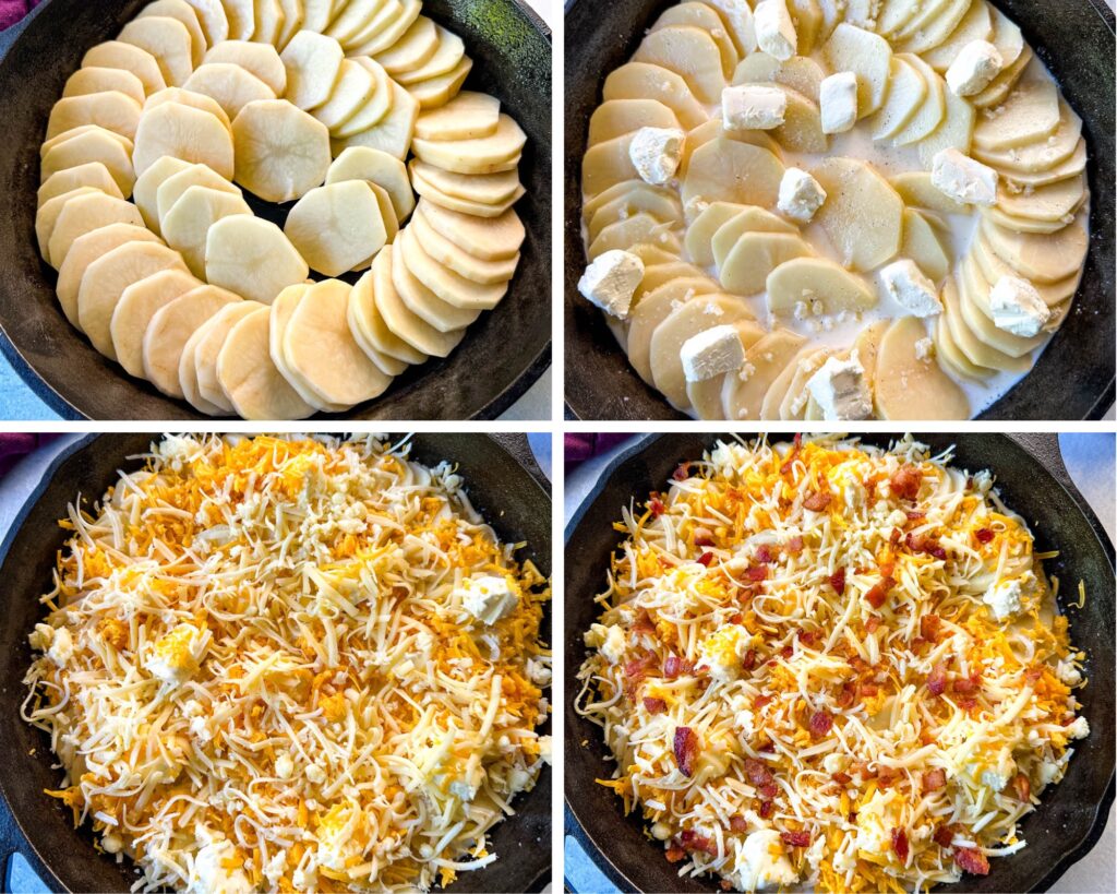 collage of 4 photos with sliced potatoes in a cast iron skillet with milk, shredded cheese, and cream cheese