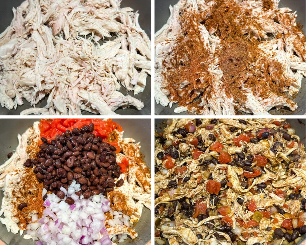 collage of 4 photos with cooked chicken breast, black beans, rotel, and onions in a pan