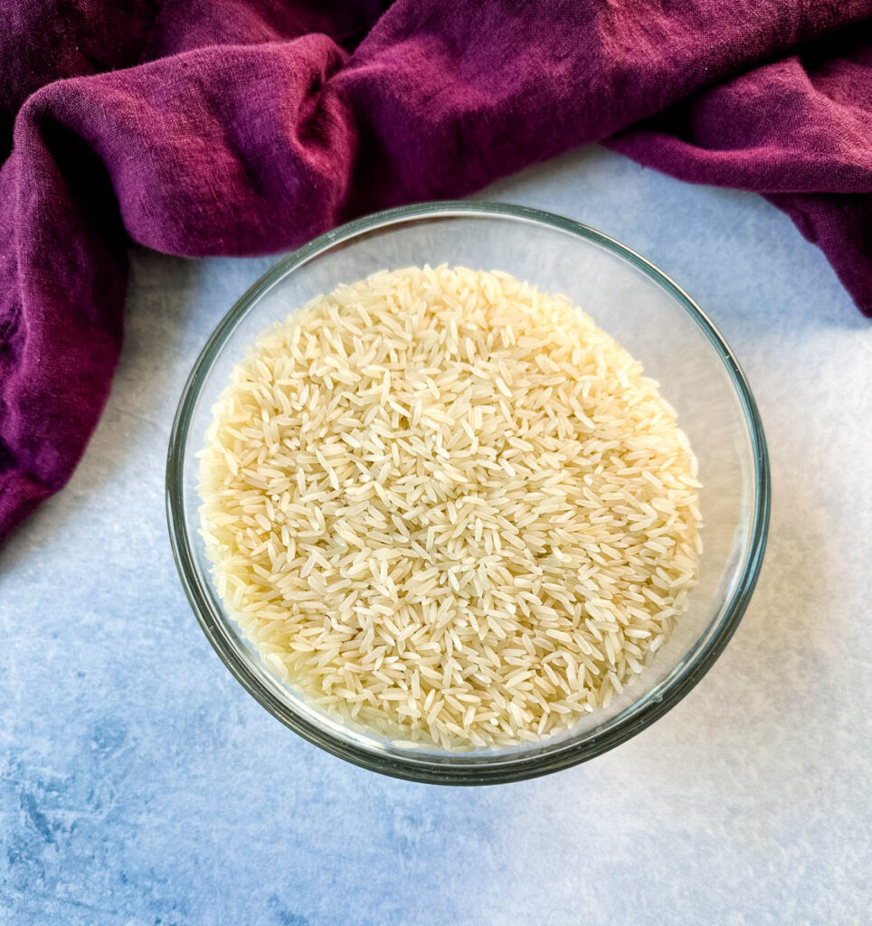 long grain white jasmine rice in a glass bowl