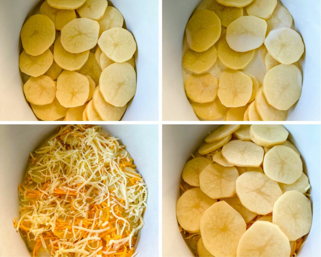collage photo of uncooked slow cooker cheesy potatoes in a white Crockpot