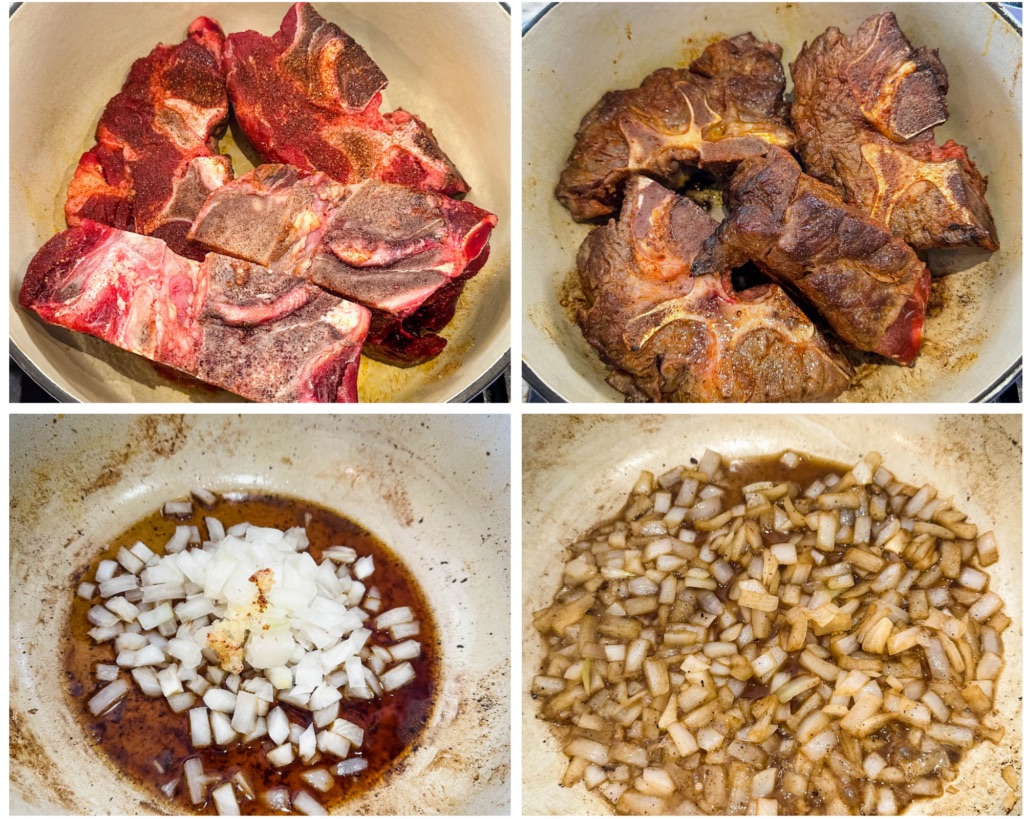 collage image of 4 photos with seared neck bones and onions in a pot