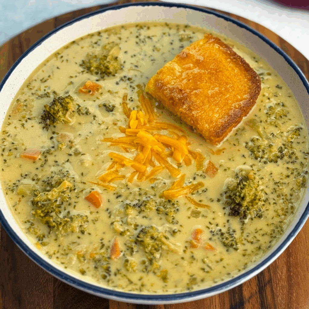 Overhead view of a bowl filled with creamy broccoli cheddar soup, chunks of broccoli and carrots, a sprinkle of shredded cheddar, and a piece of cornbread resting in the soup.