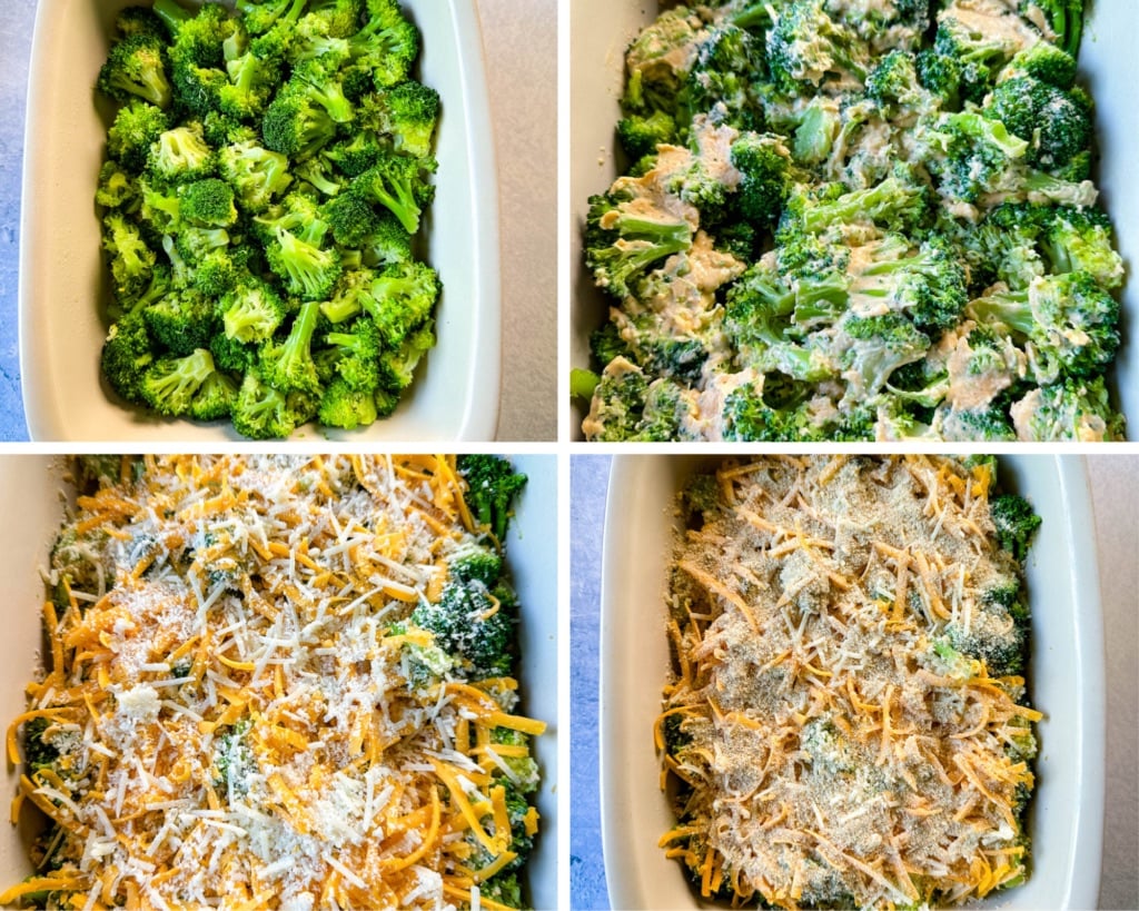 collage of 4 photos with broccoli, cheese, cream sauce, and breadcrumbs in a baking dish