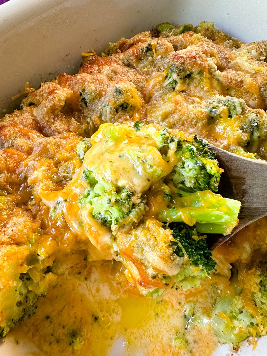 broccoli au gratin with cheese and breadcrumbs in a baking dish