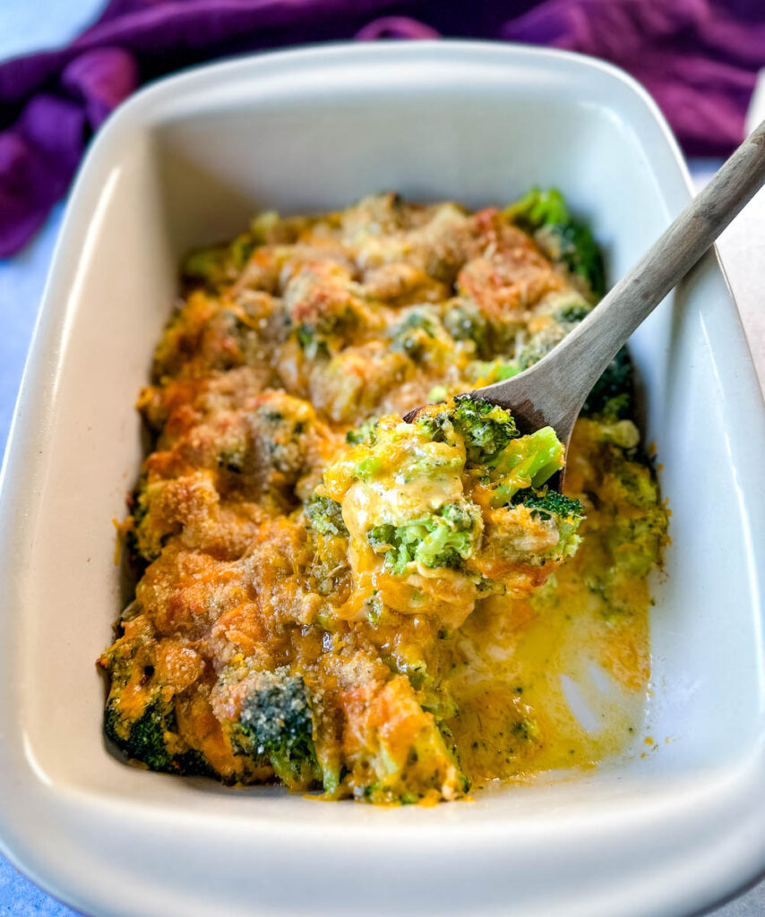 broccoli au gratin with cheese and breadcrumbs in a baking dish