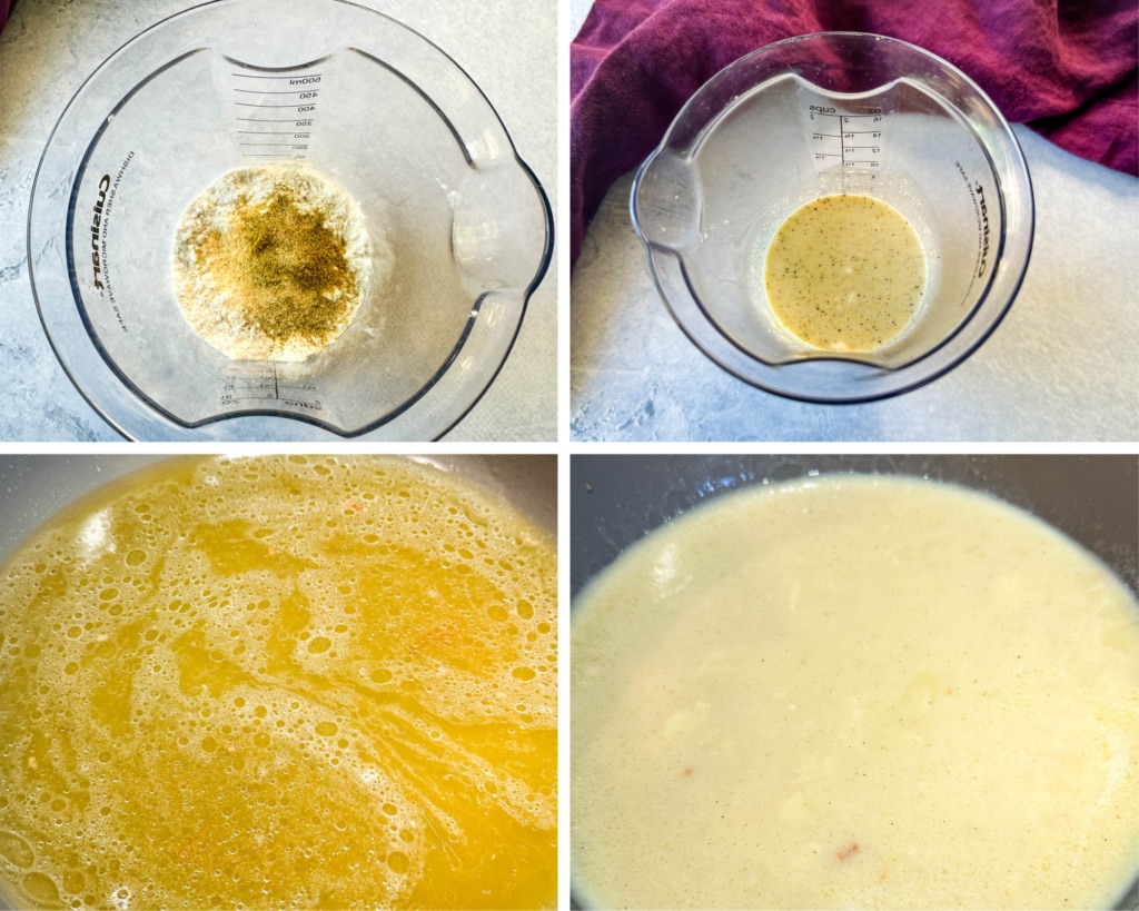collage of 4 photos with broth and homemade cream of chicken soup