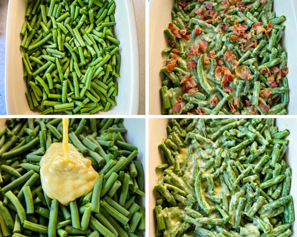 collage of 4 photos with green beans and homemade cream of chicken soup in a baking dish
