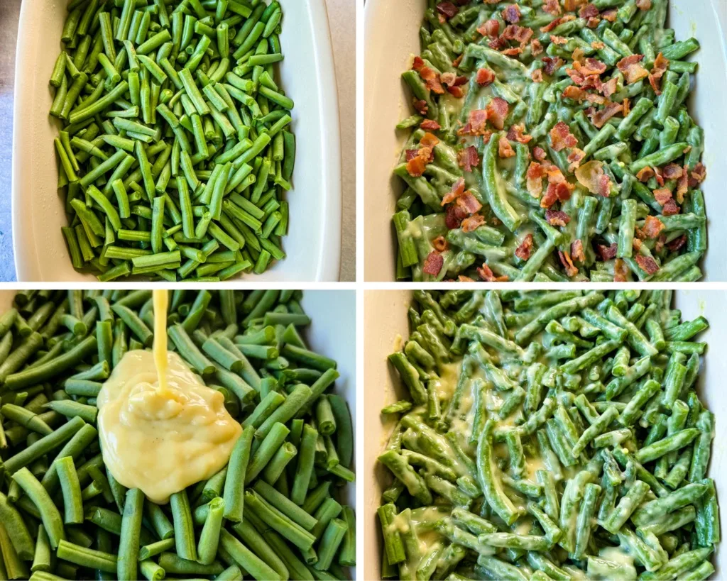 collage of 4 photos with green beans and homemade cream of chicken soup in a baking dish