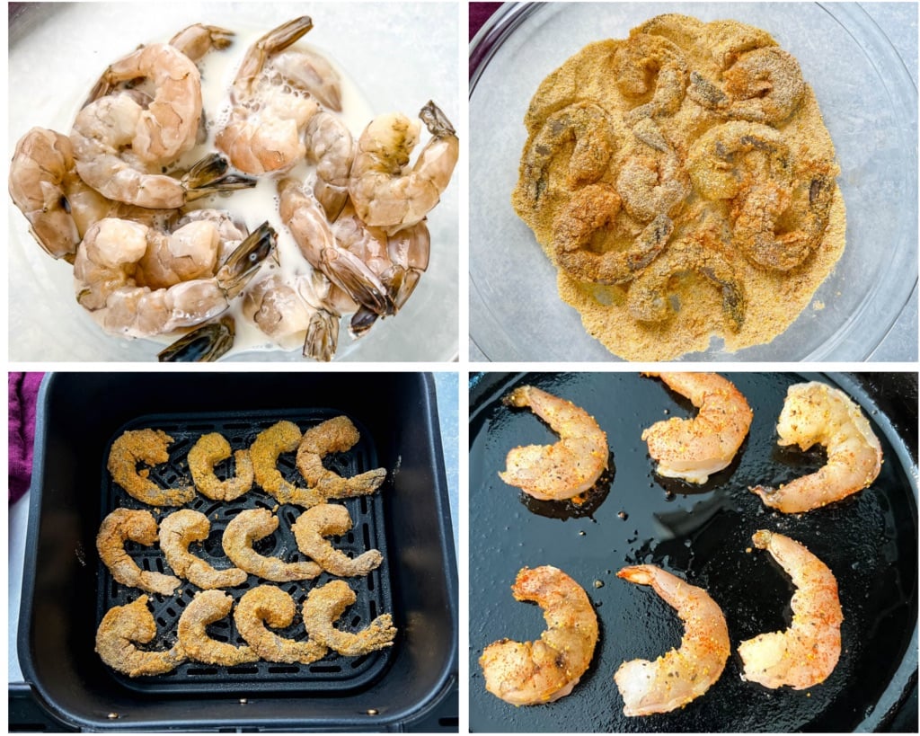 collage of 4 photos with breaded shrimp in a bowl and pan