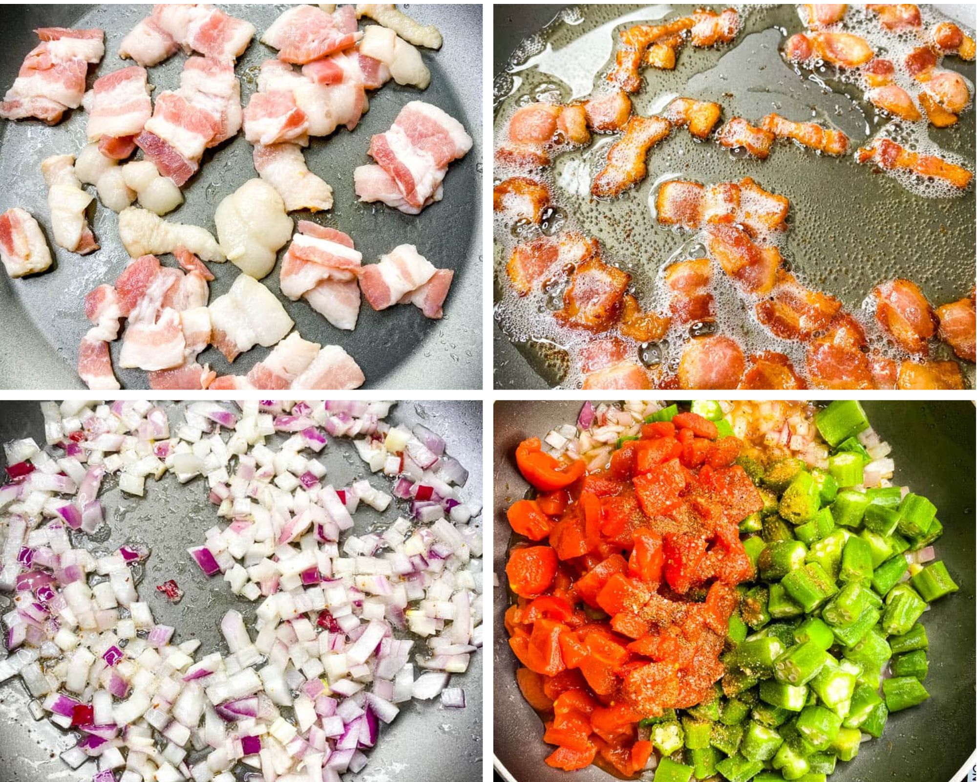 collage of 4 images with cooked bacon, okra, tomatoes, and onions in a skillet
