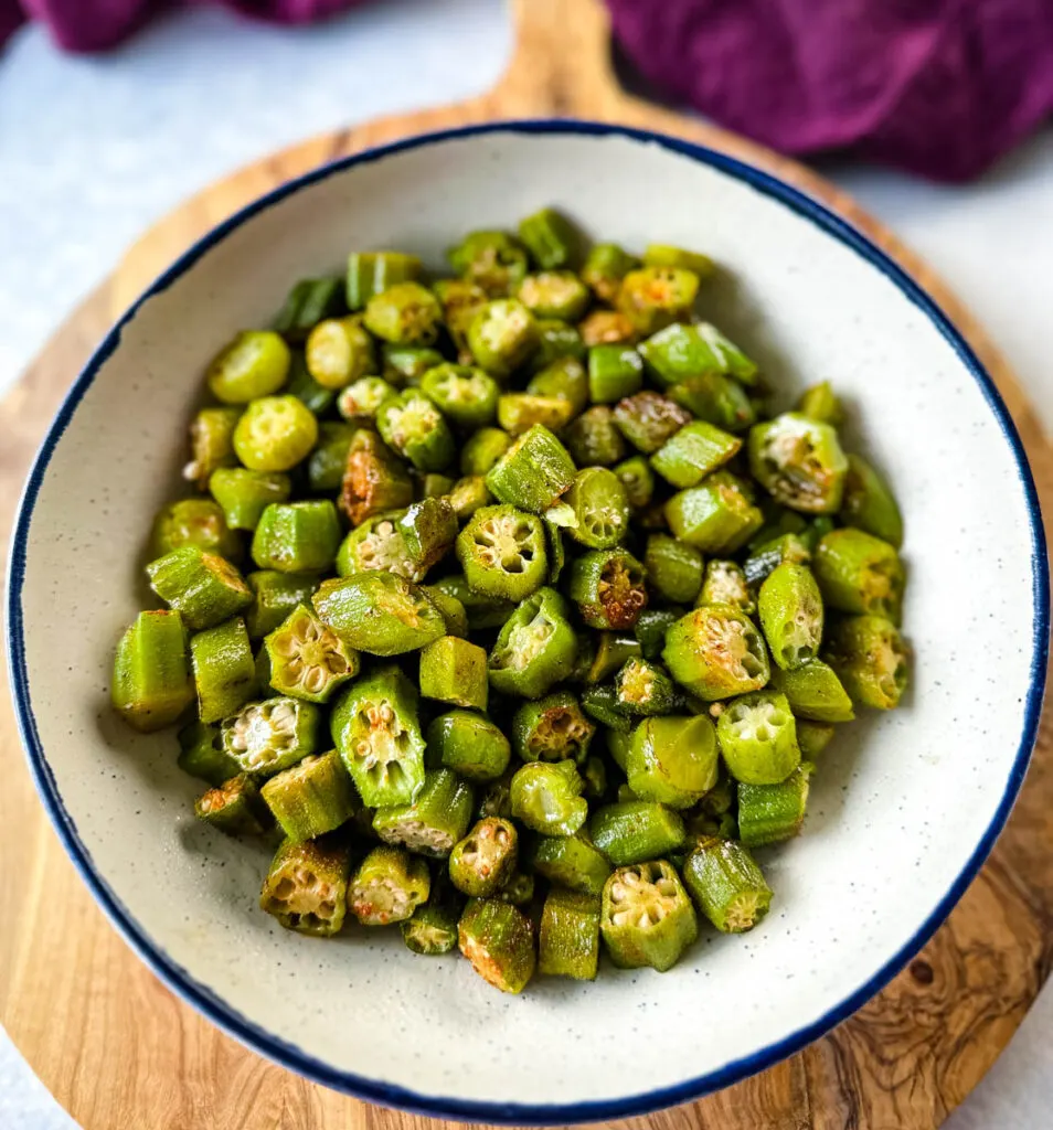 roasted okra in a white bowl