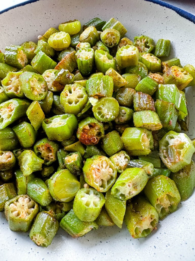 roasted okra in a white bowl