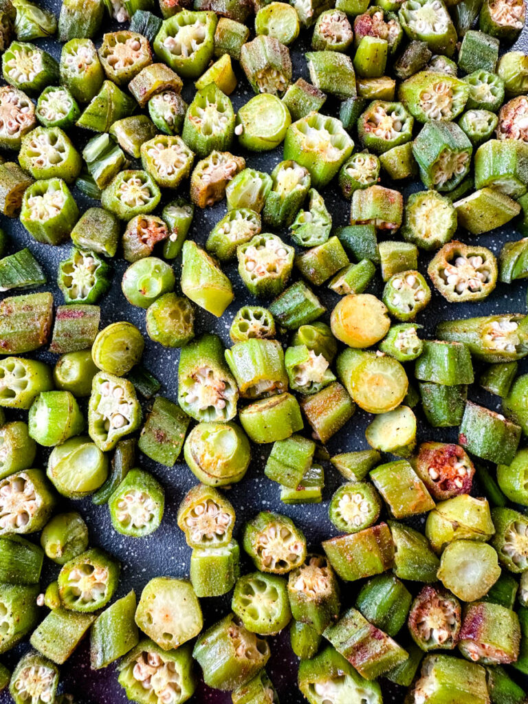 roasted okra on a sheet pan