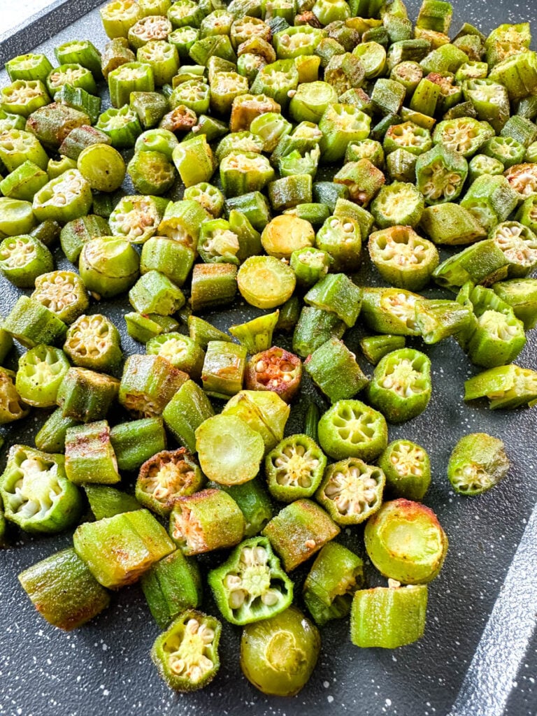 roasted okra on a sheet pan