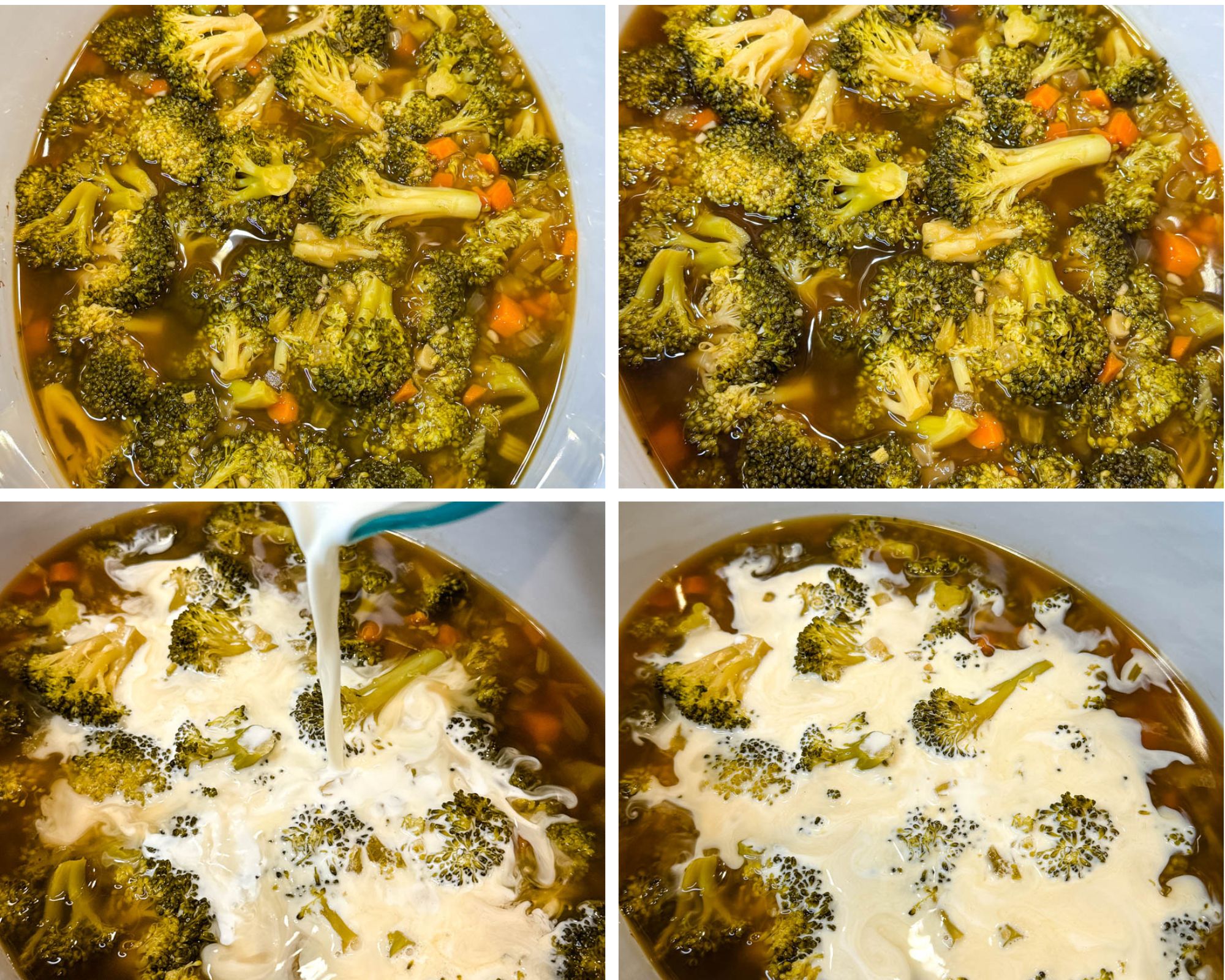 Collage of four images showing broccoli and carrots simmering in broth inside a slow cooker, followed by cream being poured in and mixed.