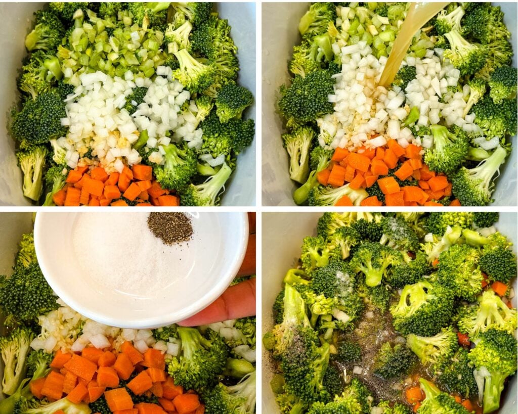 Collage of four images showing the step-by-step process: fresh broccoli, carrots, onions, and celery in a slow cooker, broth being poured over, salt and pepper added, and vegetables coated in seasoning.