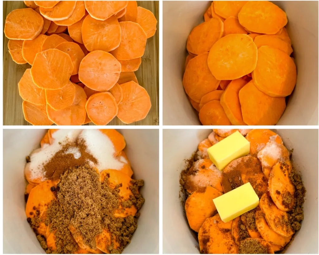 collage of 4 photos with sliced sweet potatoes and spices in a Crockpot slow cooker