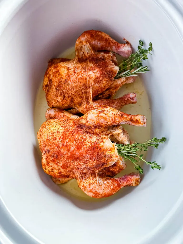 uncooked cornish hens in a Crockpot slow cooker with broth and herbs