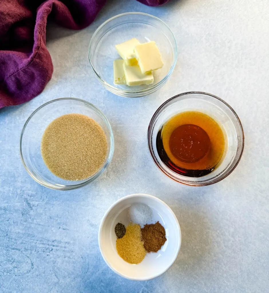 butter, brown sugar, maple syrup, cinnamon, and garlic powder in separate bowls