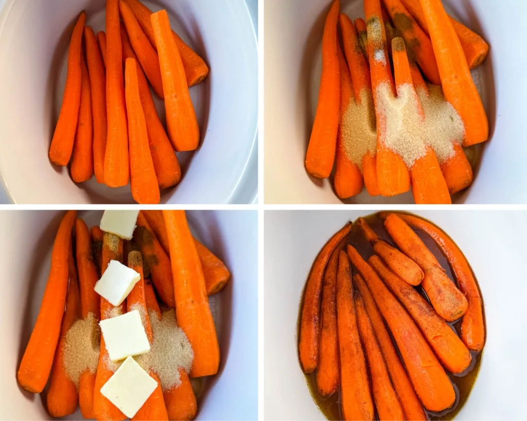 collage of 4 photos with carrots in a slow cooker Crockpot with butter, maple syrup, brown sugar, and cinnamon